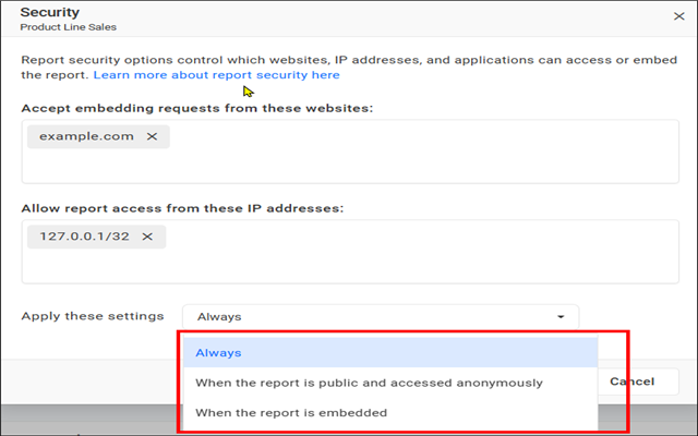 Report security apply settings options