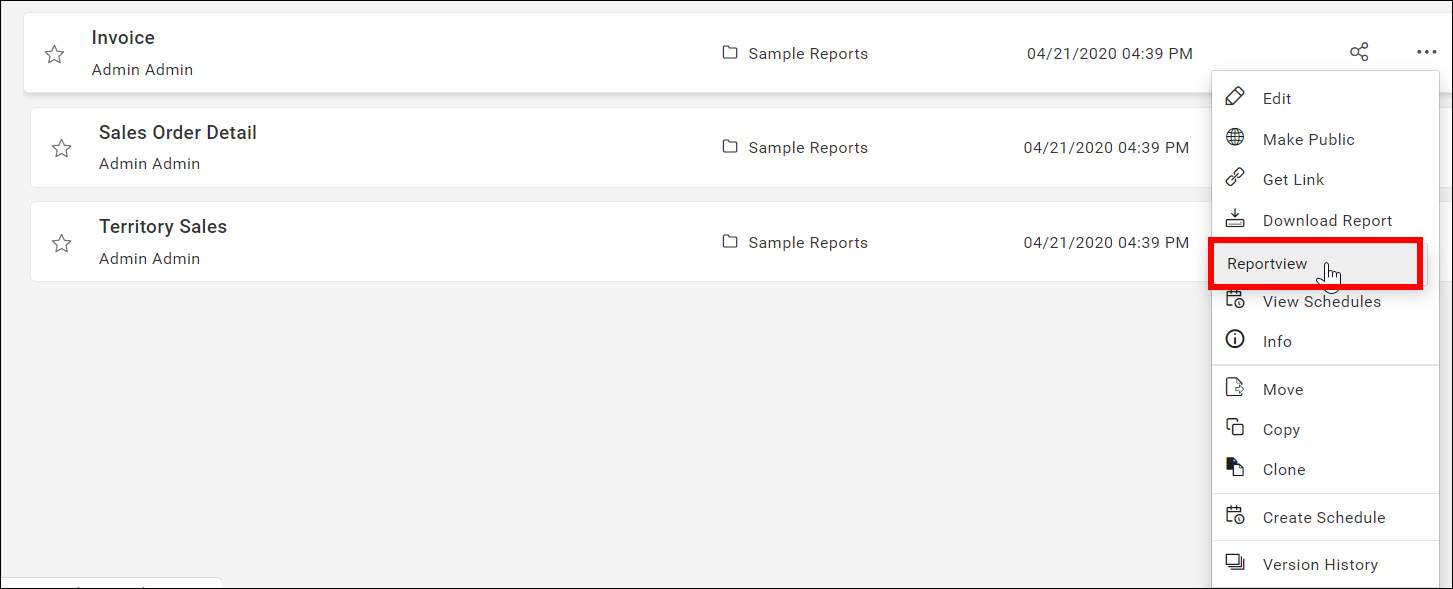 Manage Reports view