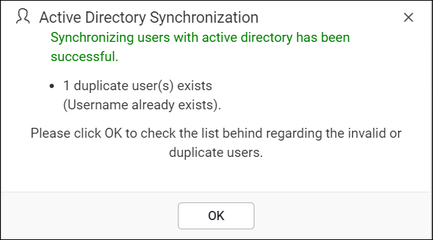 Active Directory synchronization confirmation window