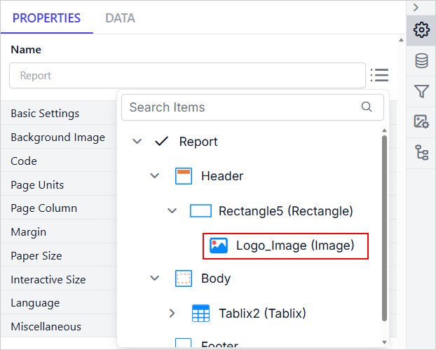 Property Navigator hierarchy view showing element type and name