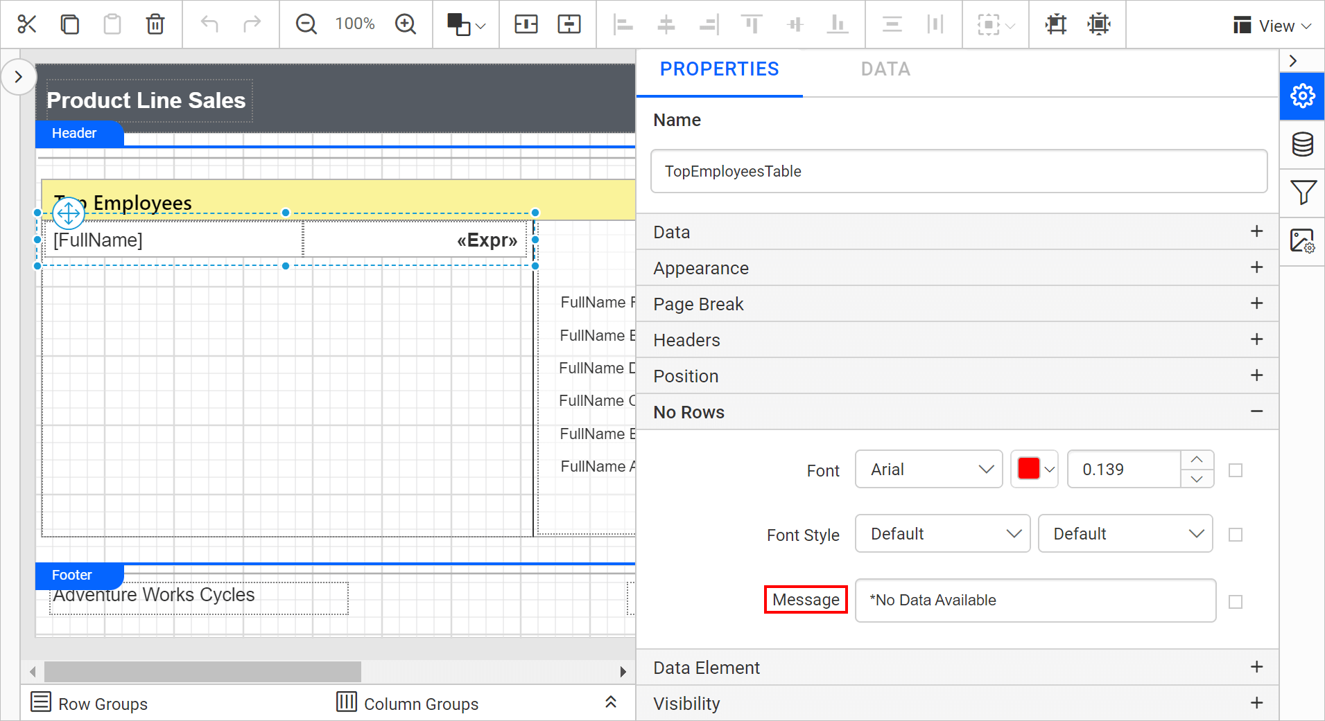 No data for table