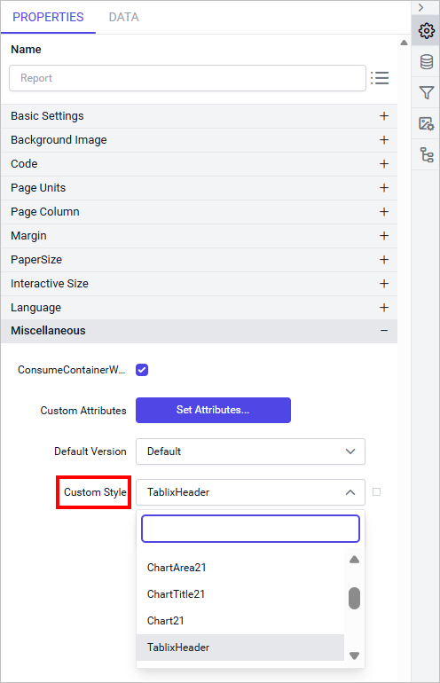 Custom styles in properties