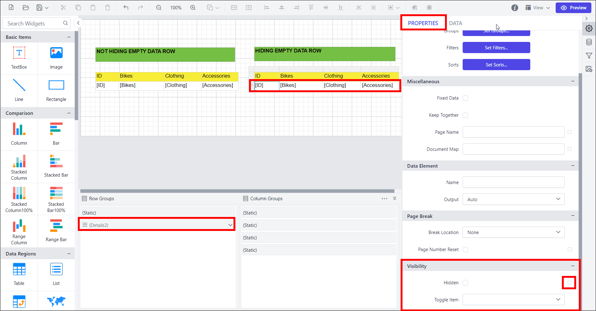 hide row visibility