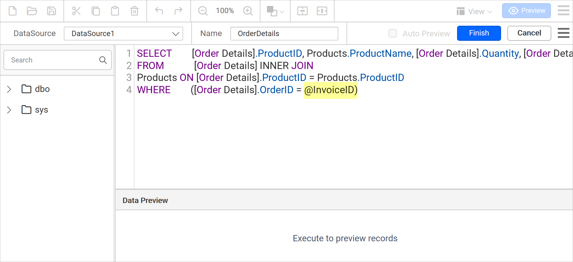 Define parameter in query