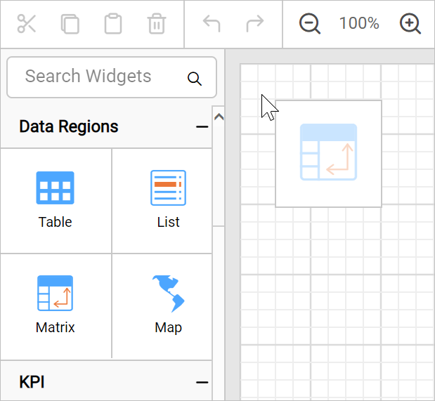 Drag and drop tablix report item into design area