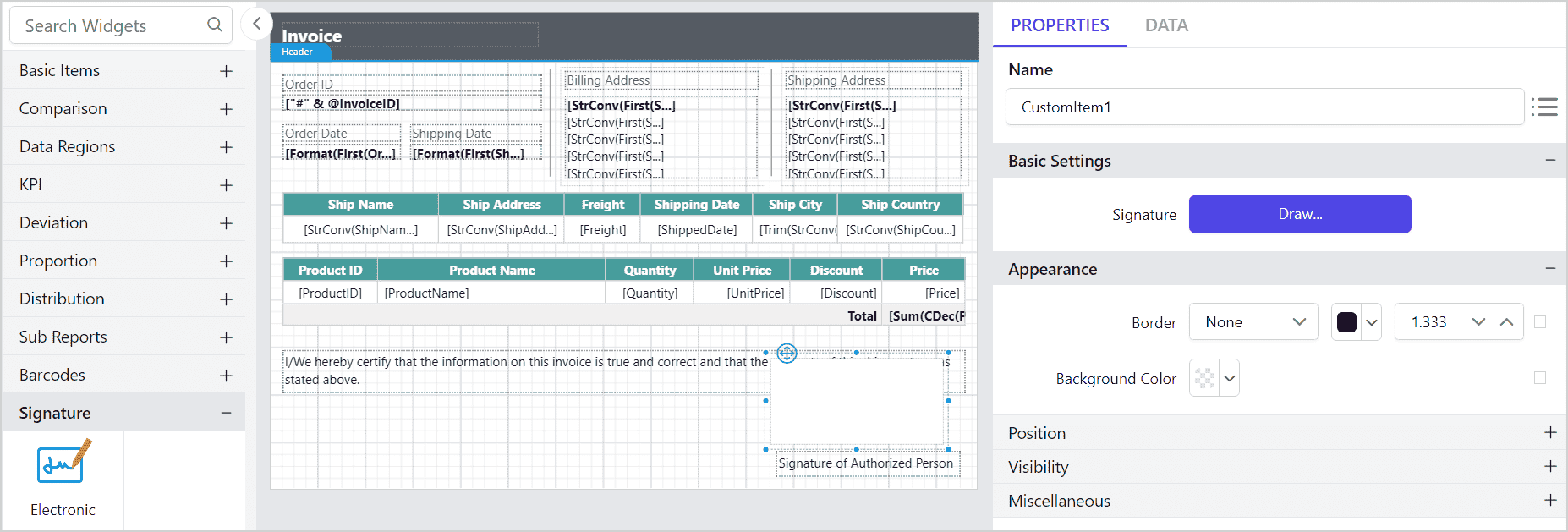 Signature item with properties view