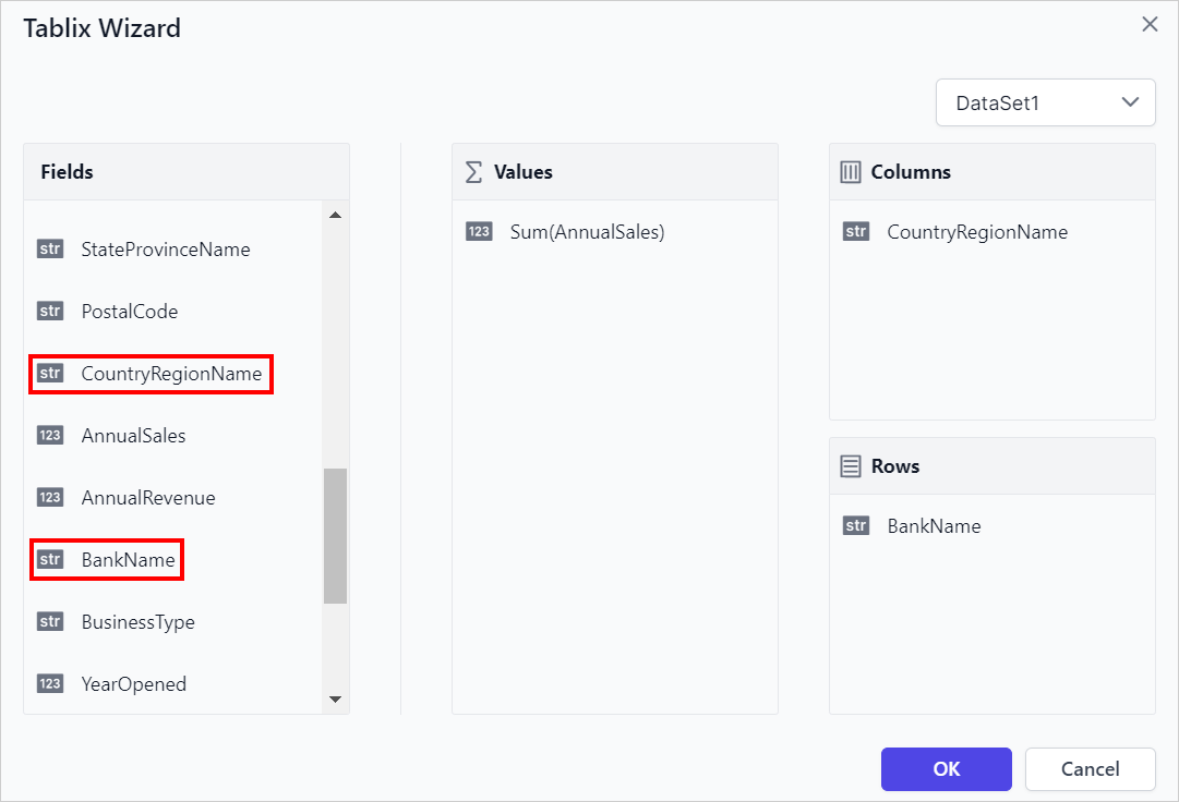 Tablix wizard with column and values