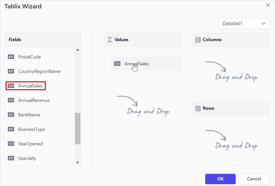 Tablix wizard with row values