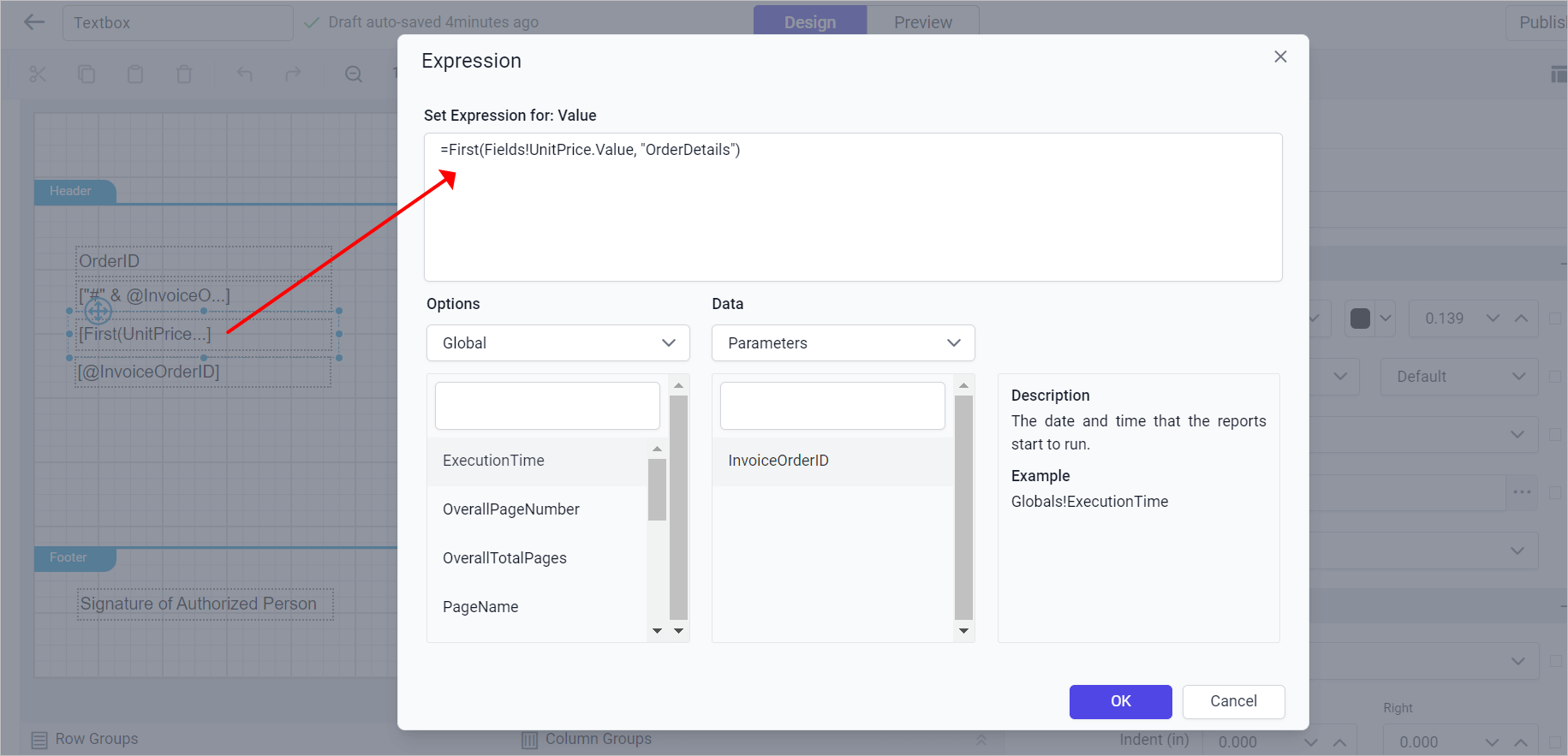 Design report using textbox