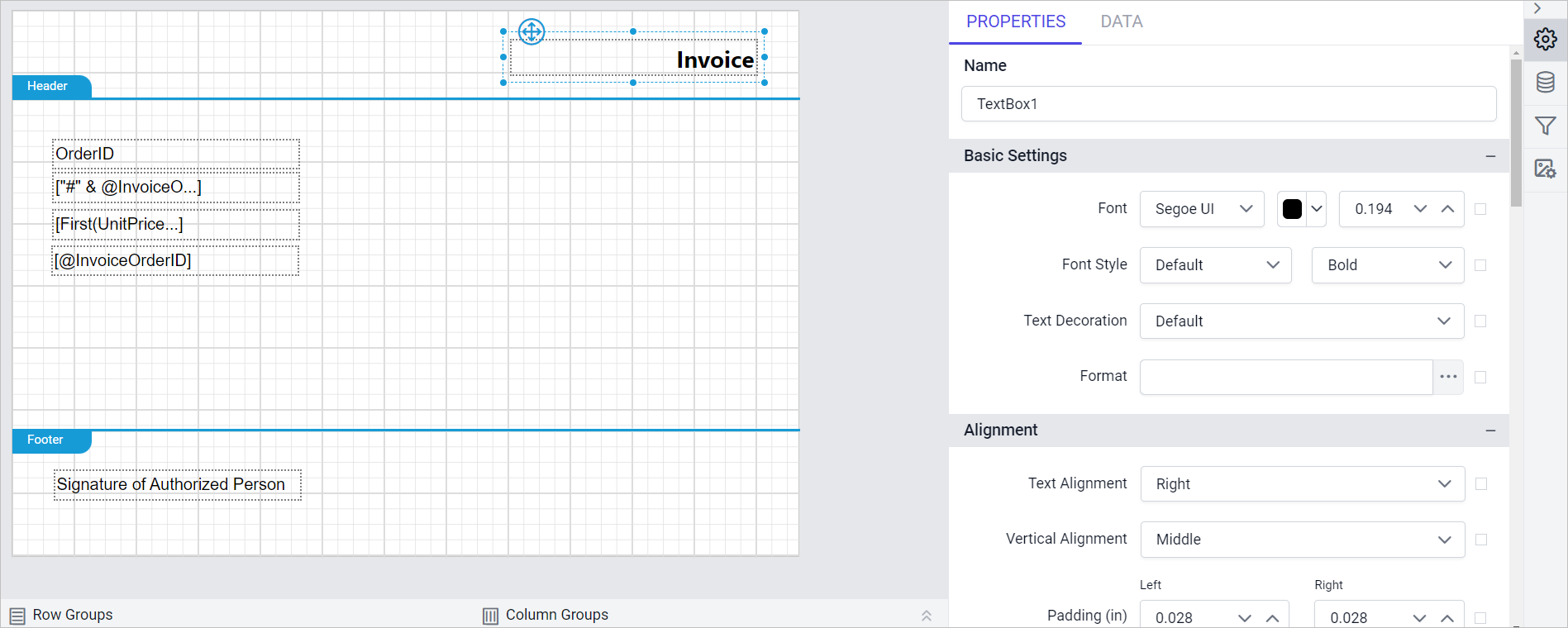 Design report using textbox