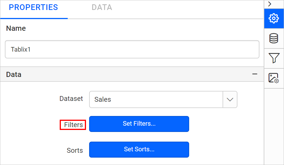 Table set filters button