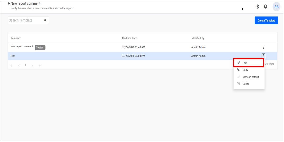 Email Template Page