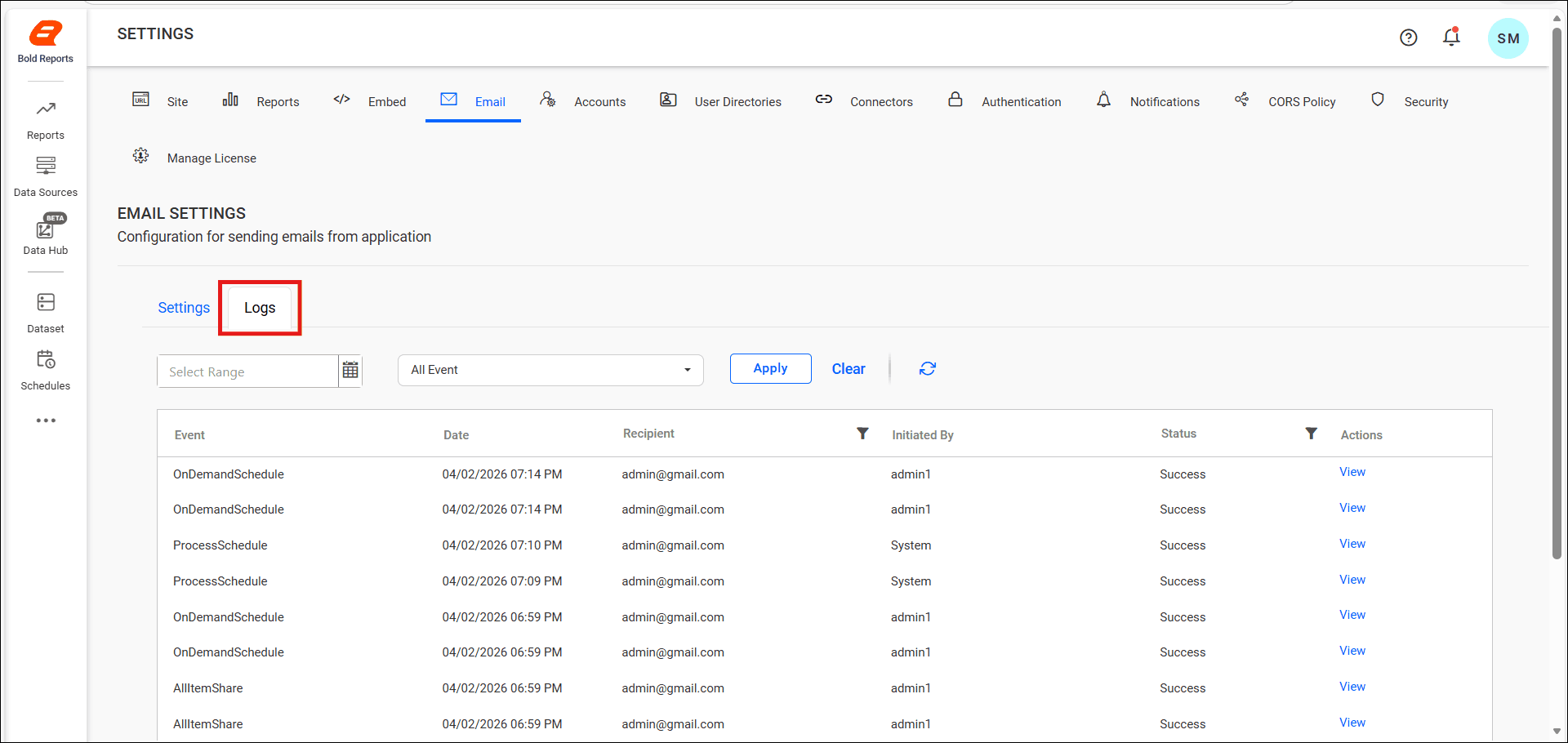 Email log page