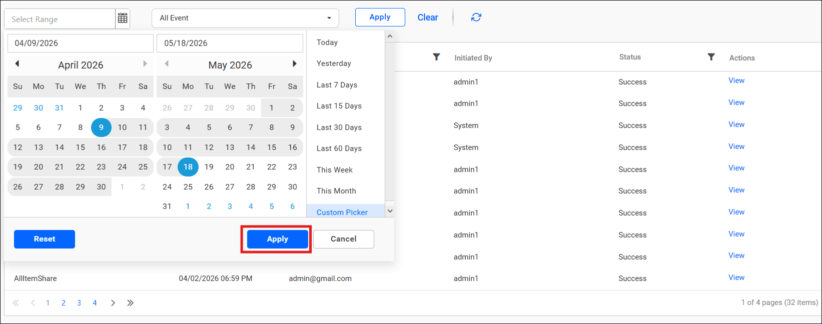 Email log page