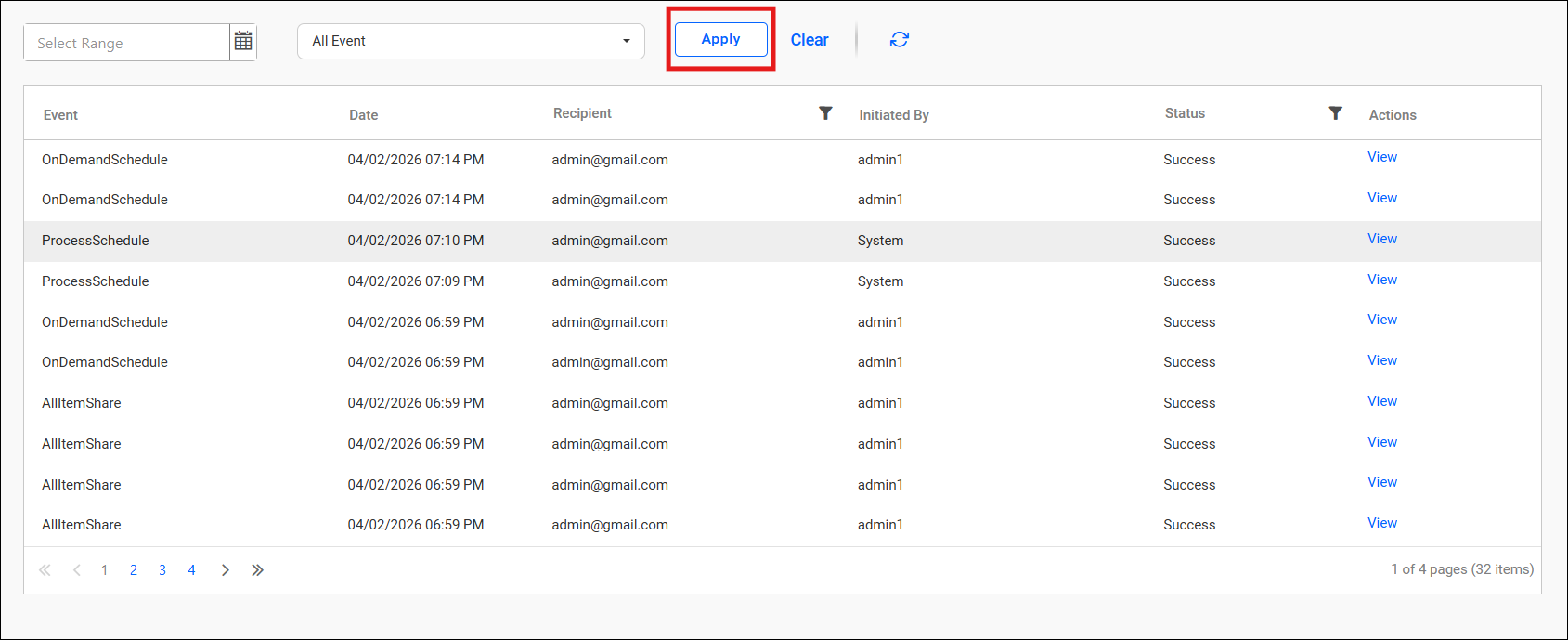 Email log page