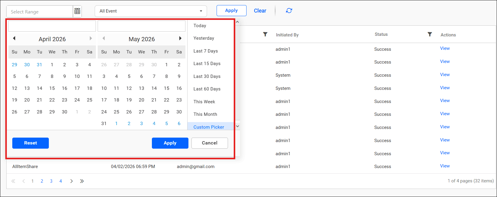 Email log page