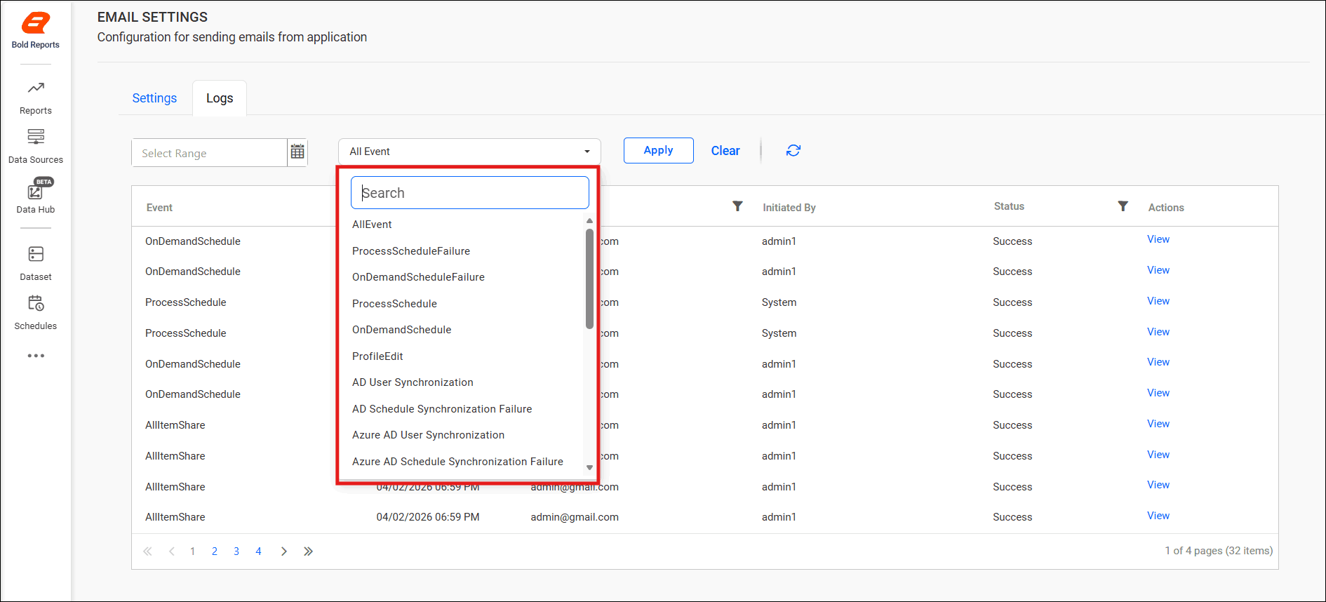 Email log page
