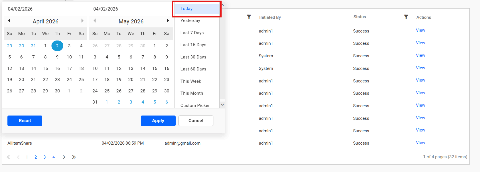 Email log page