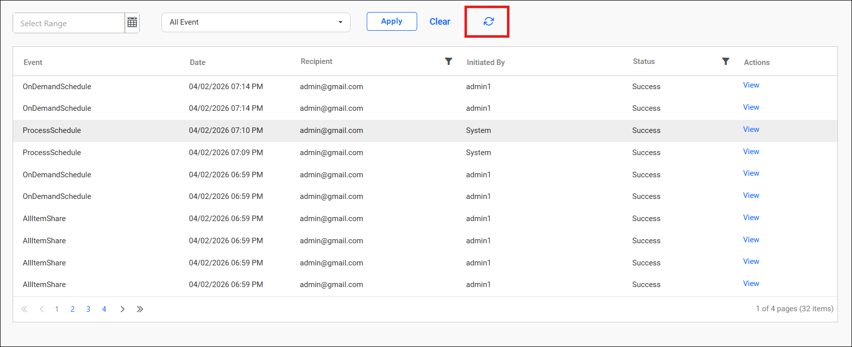 Email log page