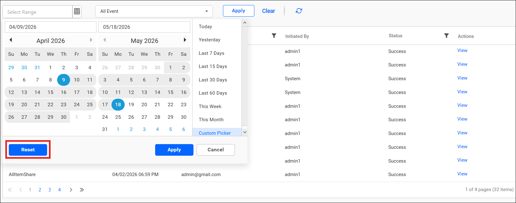 Email log page