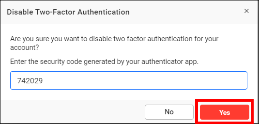 Two factor authentication remove dialog