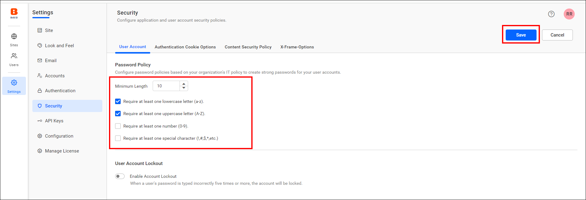 change custom password settings