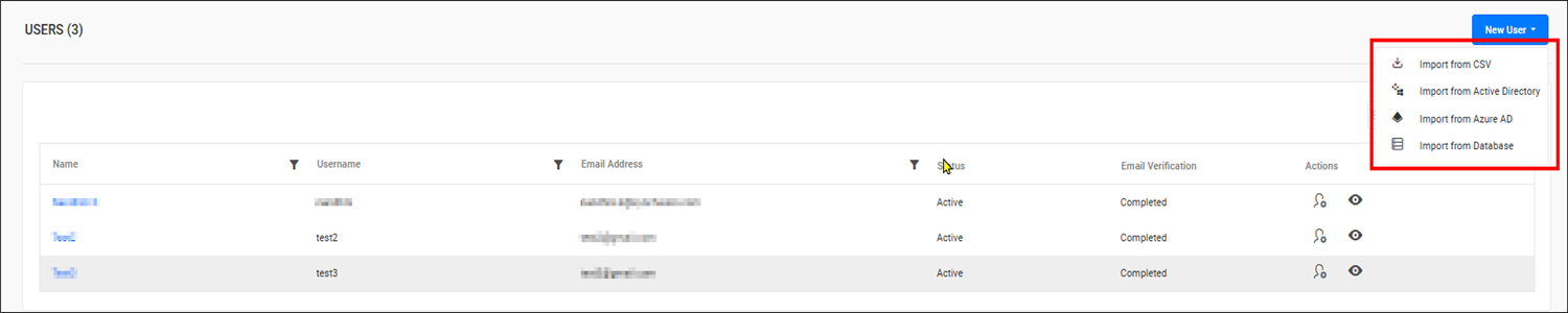 Add User options displayed on the Users page