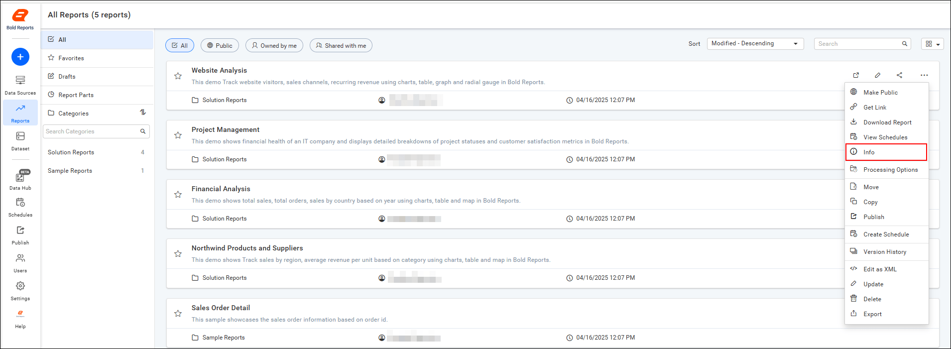 Reports Context Menu