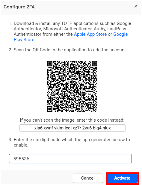 2FA authentication configuration code