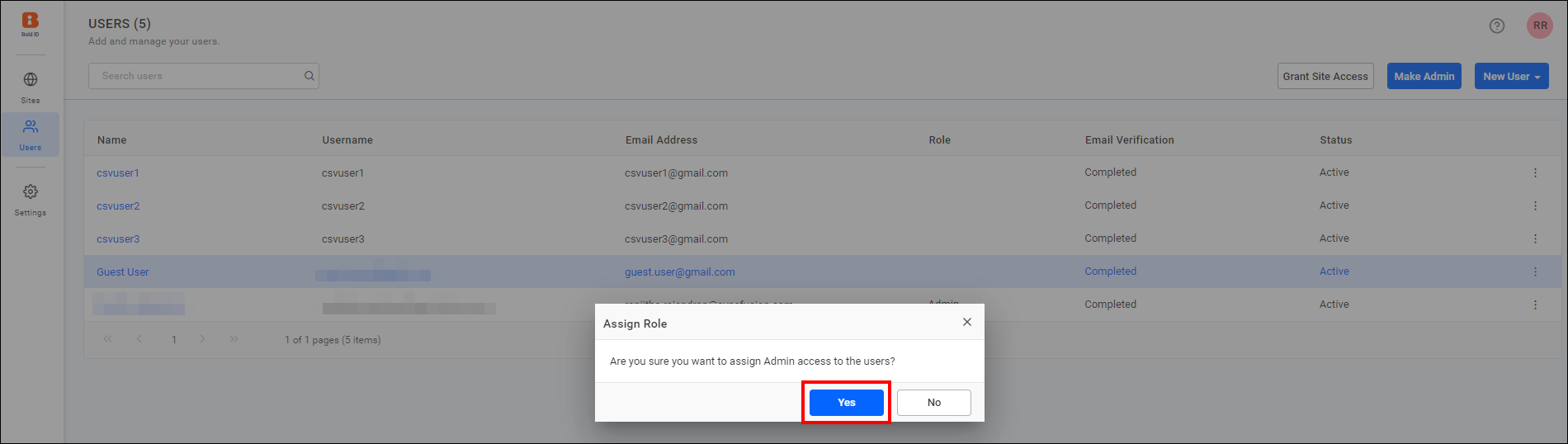 Assign Admin Role Confirmation