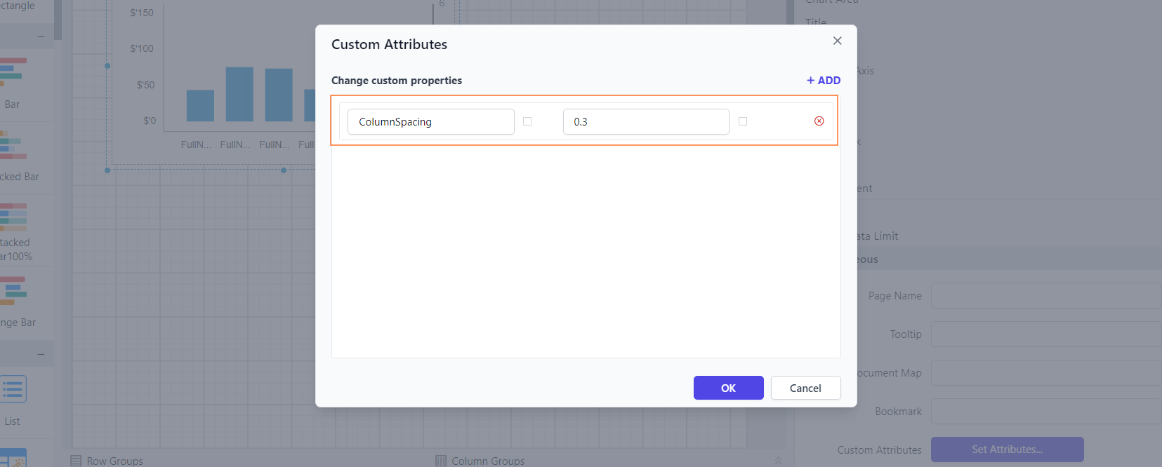 Shows configuration of columnSpacing property in custom property dialog