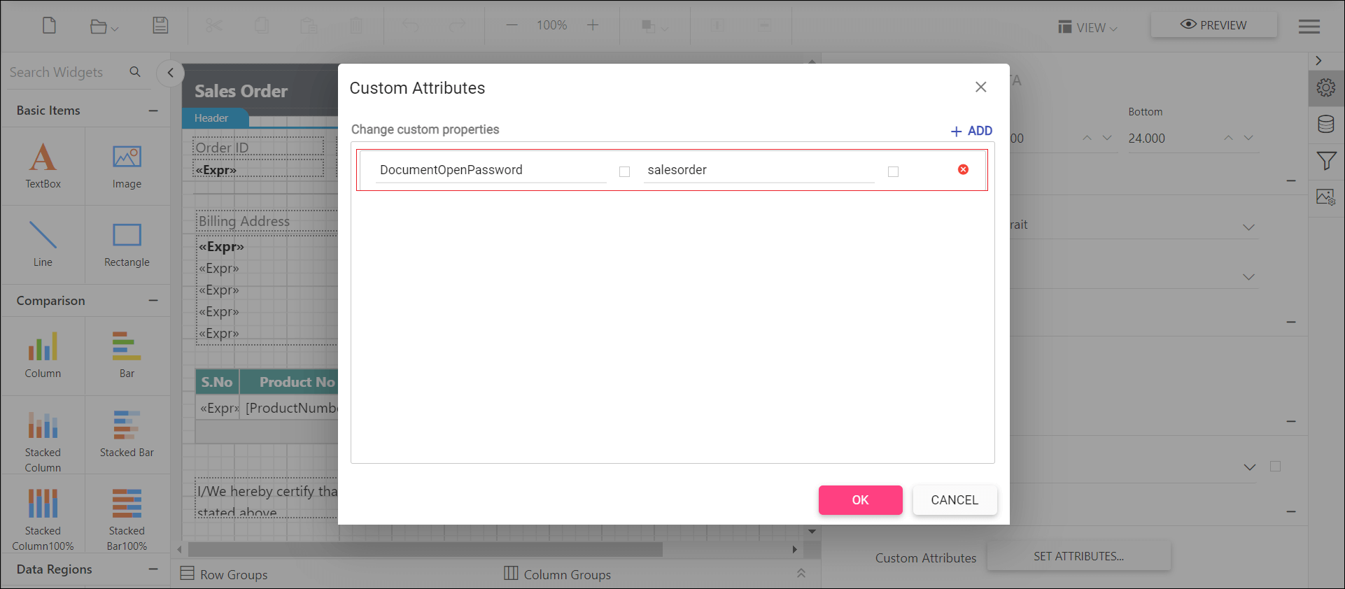 Shows configuration of document open password property in custom property dialog