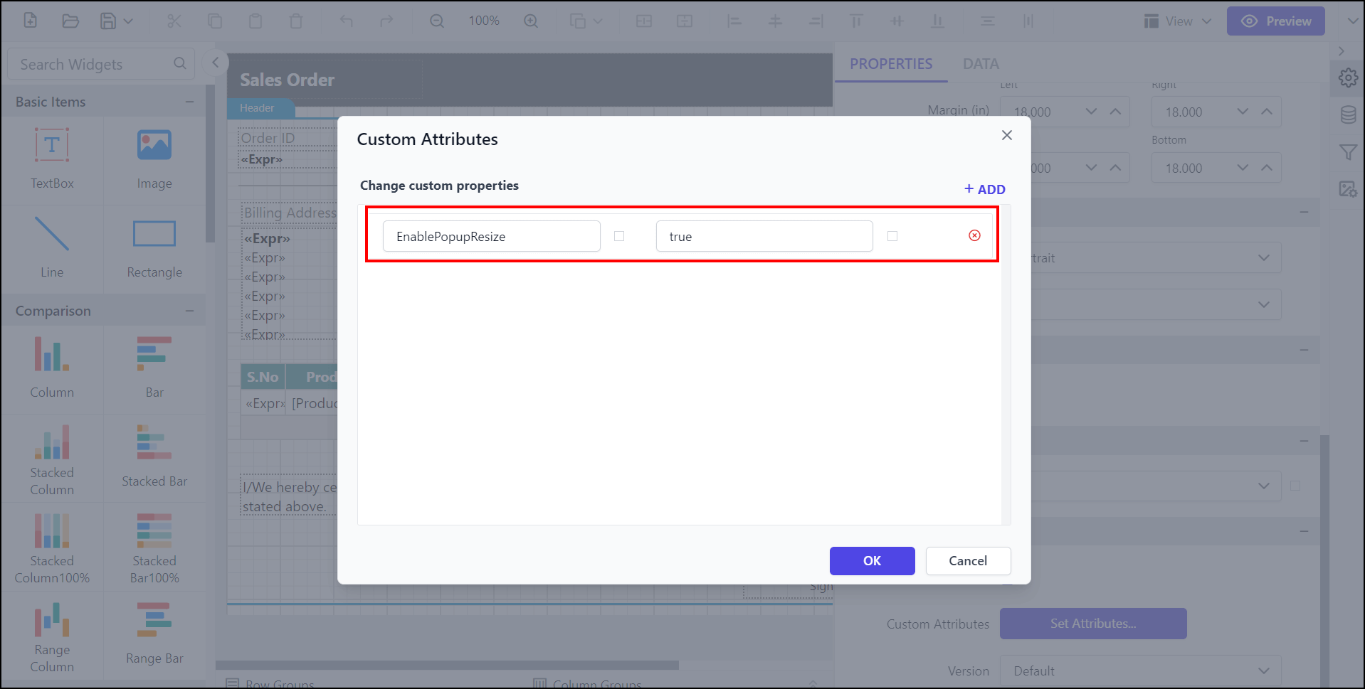 Shows configuration of enabling popup re-size property in custom property dialog