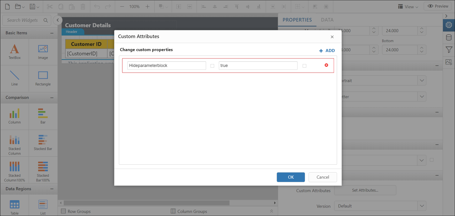 Shows configuration of hide parameter block property in custom property dialog