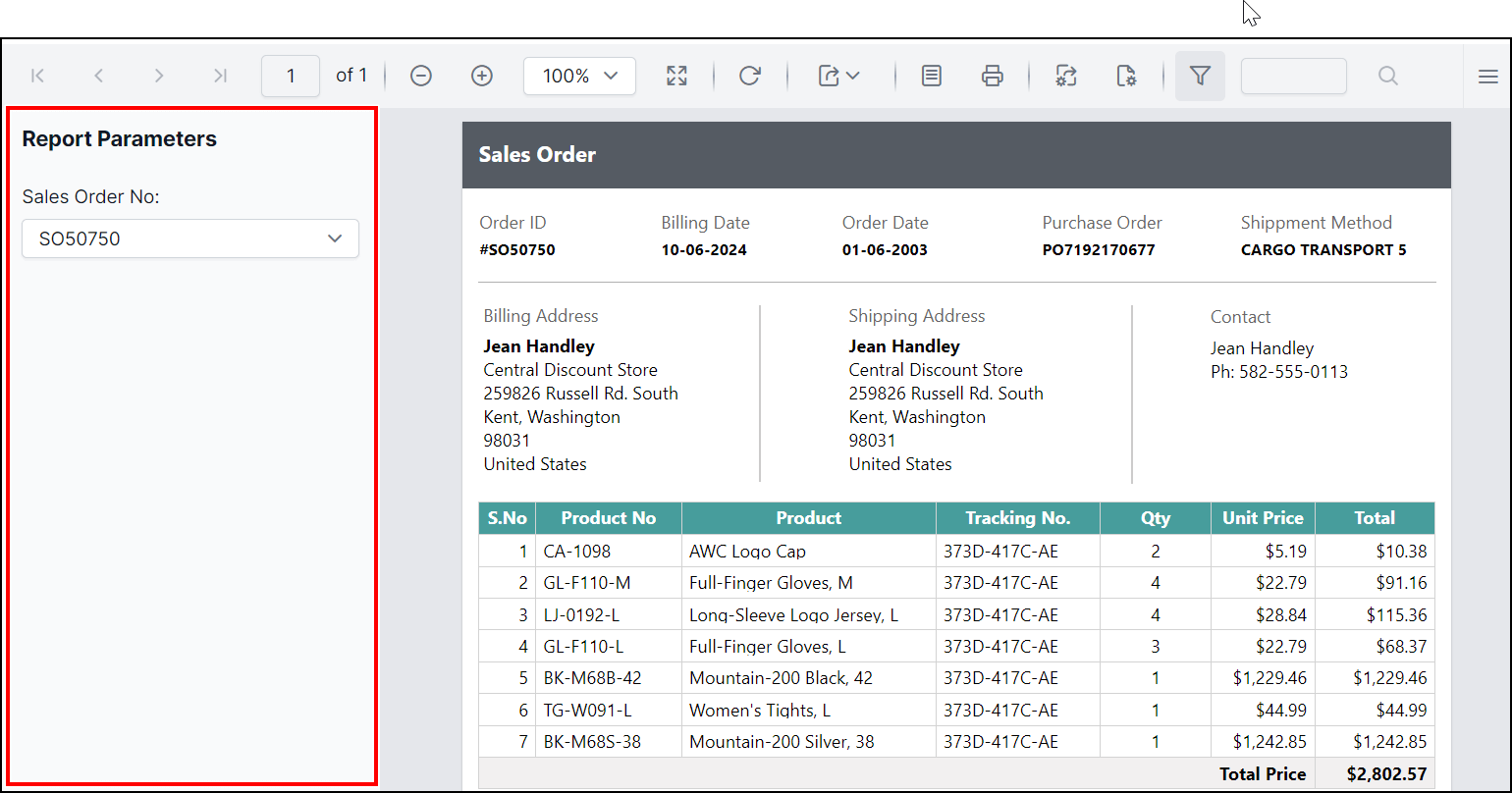 Preview of ParameterBlockPosition as left in Report Viewer