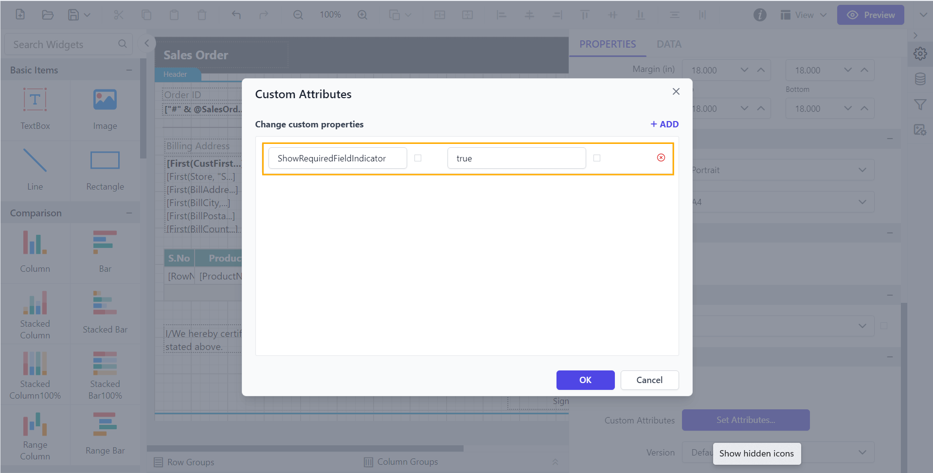 Shows configuration of enabling required field property in custom property dialog