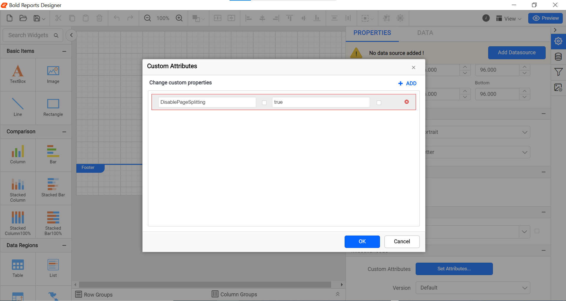 Shows configuration of disabling page split property in custom property dialog