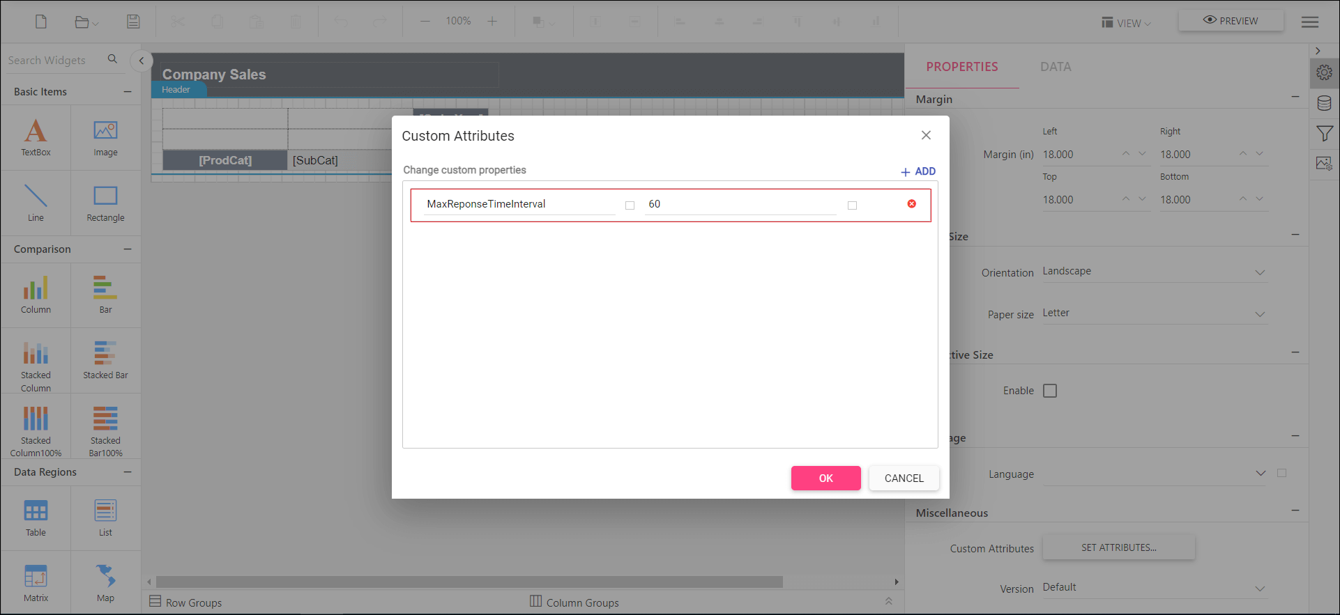 Shows configuration of Maximum reponse time interval property in custom property dialog