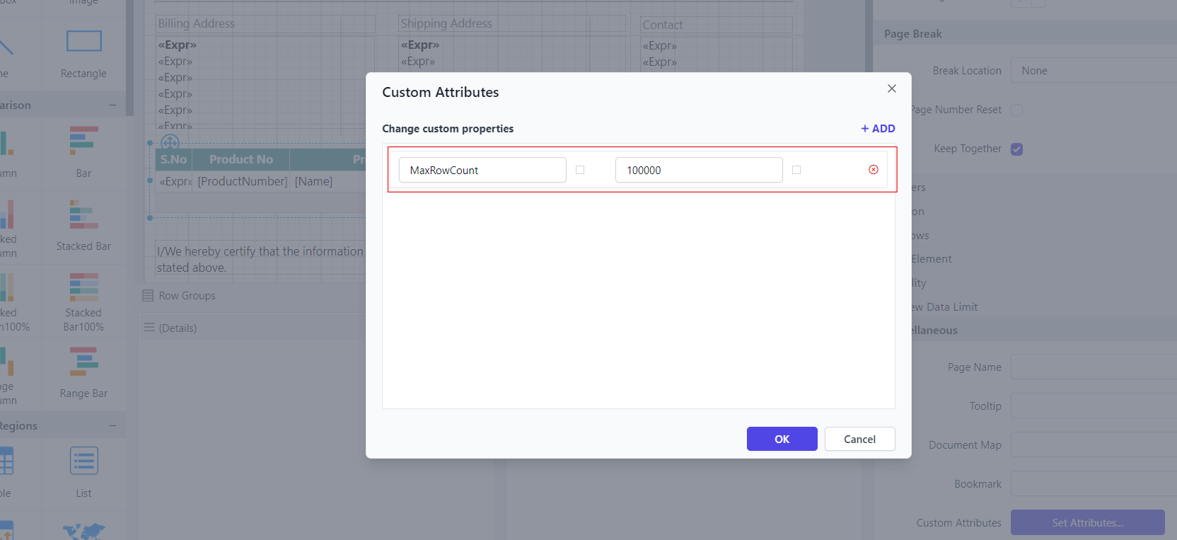 Shows the row count configuration in custom property dialog