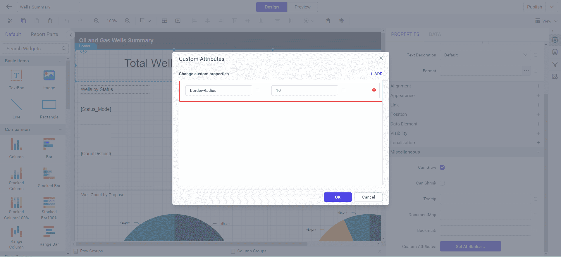 Shows configuration of border radius property in custom property dialog