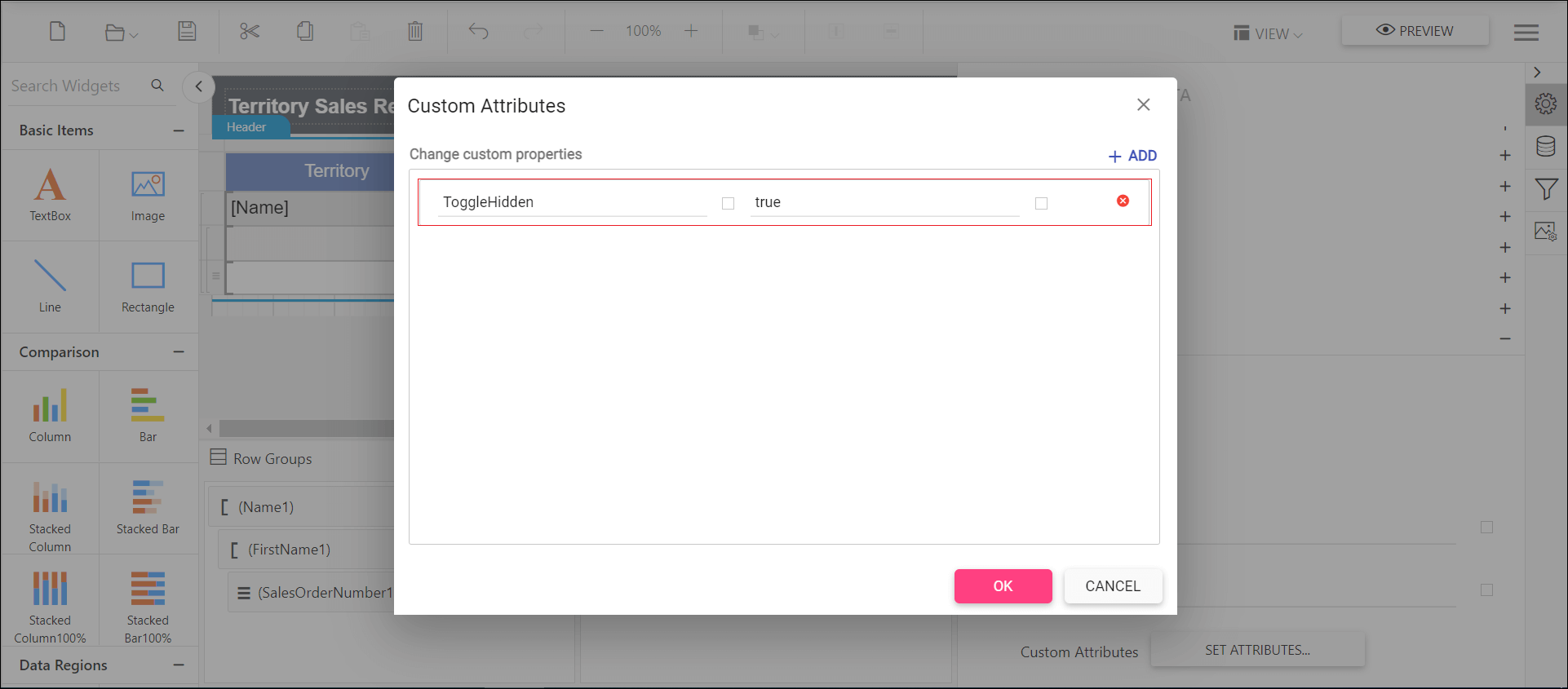 Shows configuration of toggle hidden property in custom property dialog