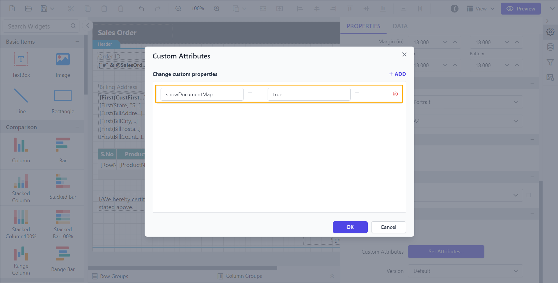 Shows configuration of ShowDocumentMap property in custom property dialog