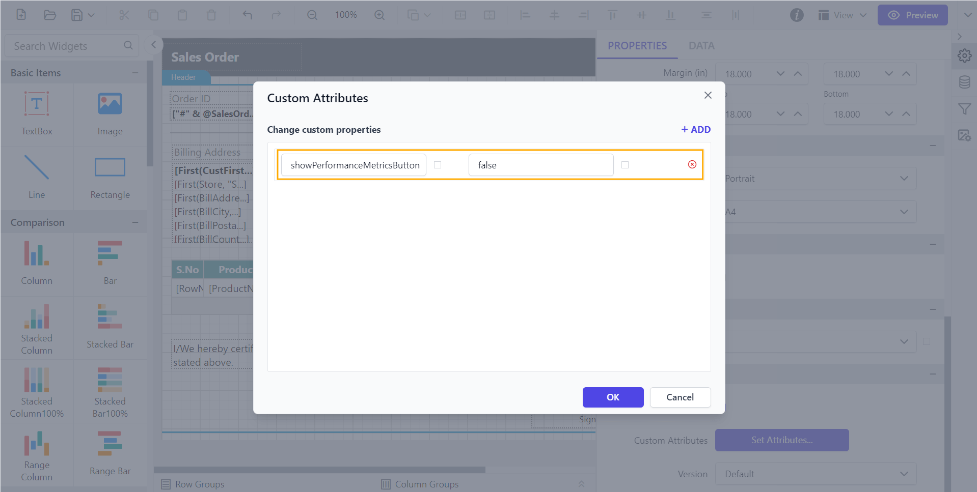 Shows configuration of ShowPerformanceMetricsButton property in custom property dialog