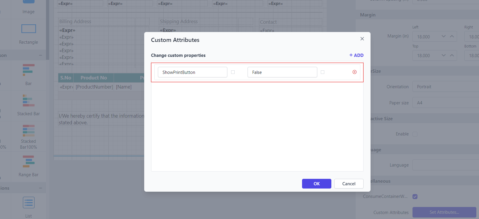 Shows configuration of ShowPrintButton property in custom property dialog