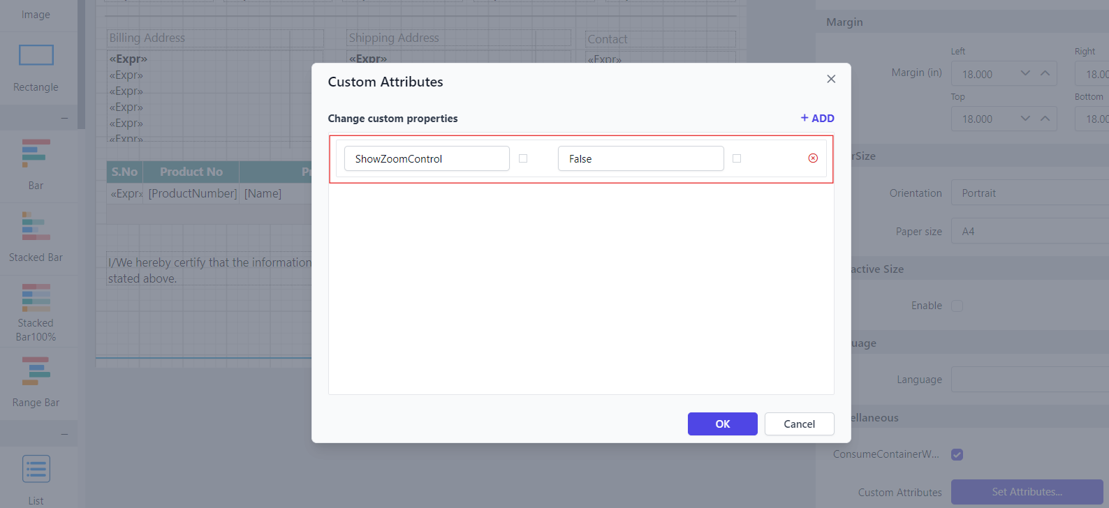 Shows configuration of ShowZoomControl property in custom property dialog