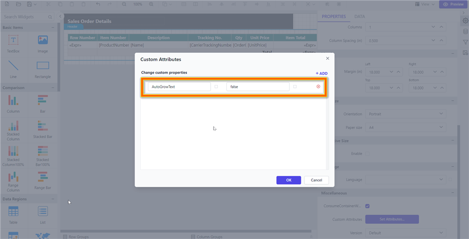 Shows the configuration of auto can grow in custom property dialog