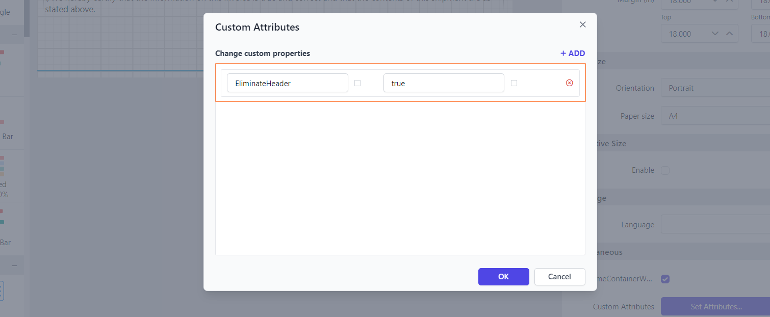 Shows configuration of Eliminate header property in custom property dialog