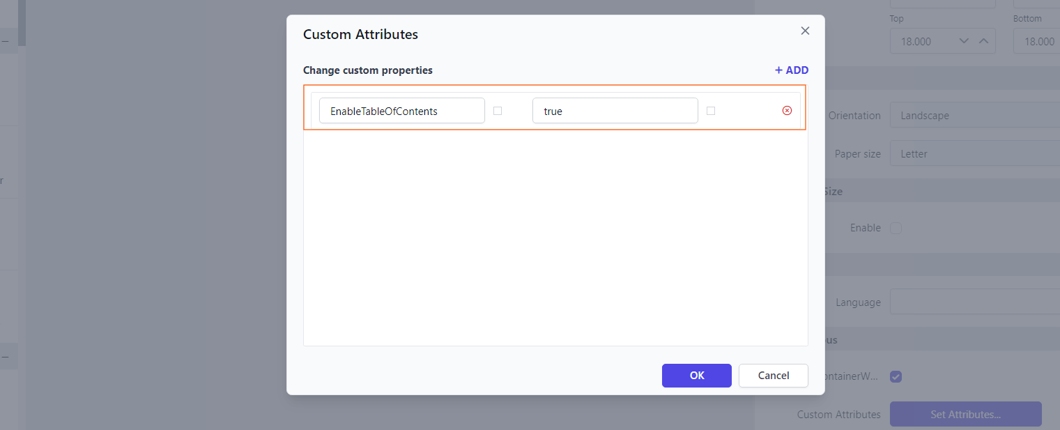 Shows configuration of enable of table of contents property in custom property dialog