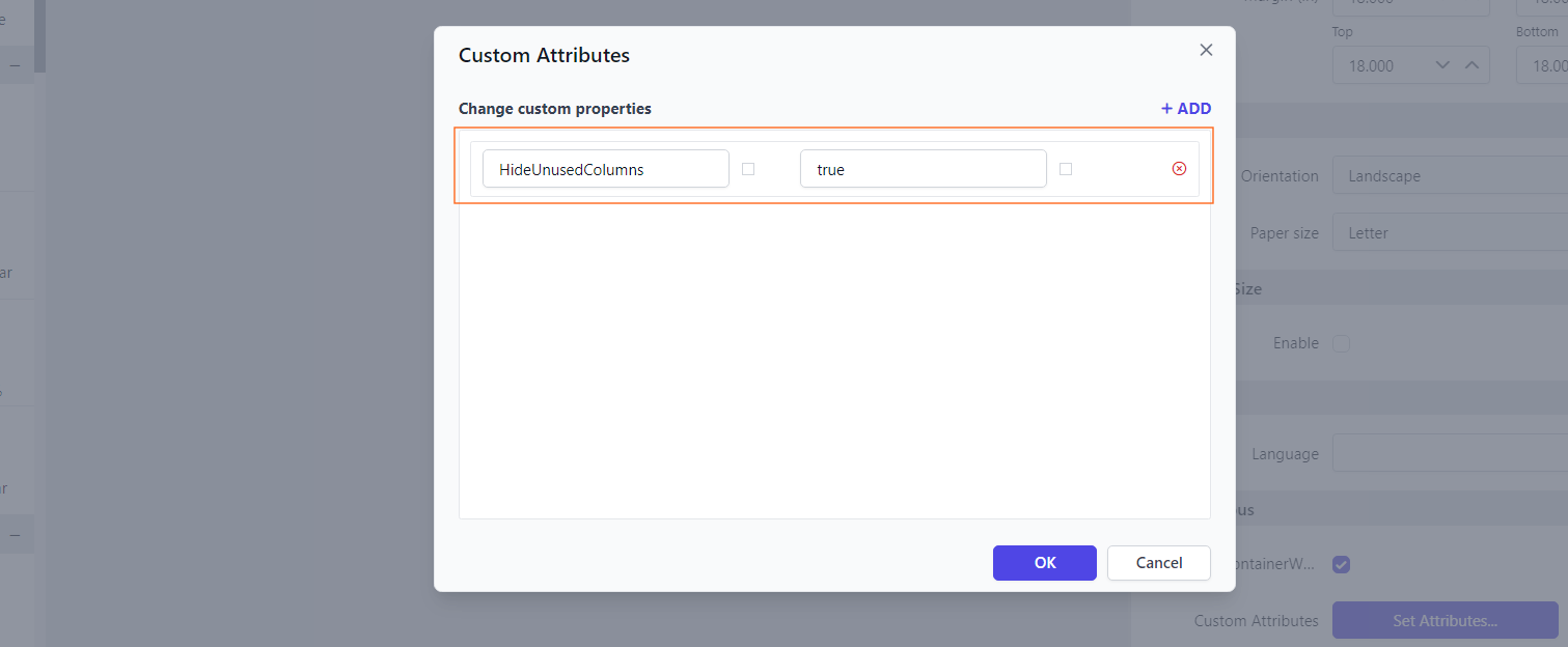 Shows configuration of hide unused columns property in custom property dialog