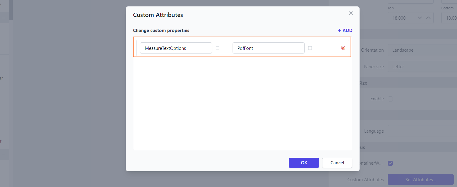 Shows configuration of Measure text options property in custom property dialog